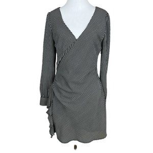 BB Dakota Dress Womens 4 Black‎ White Striped Faux Wrap Mini Long Sleeve Ruffle